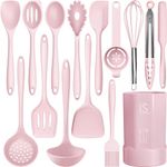 Silicone Cooking Utensils Set - 446°F Heat Resistant Kitchen Utensils,Turner Tongs,Spatula,Spoon,Brush,Whisk,Kitchen Utensil Gadgets Tools Set for Nonstick Cookware,Dishwasher Safe BPA Free(Pink)