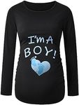 DEBELLY Maternity Shirts Long Sleeve Crew Neck Pregnancy Tops Women's Novelty Gender Reveal T-Shirts Side Ruch Footprints Tee, I'm a Boy, Small