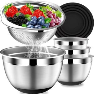 DUTZUN Mixing Bowls with Lids Set, Stainless Steel Mixing Bowls with Colander, Strainer with Mixing Bowl Set, Non-Slip Bottom, Kitchen Gadgets Bowl Christams Gift, Size 4, 2.5, 2, 1.5QT - Black