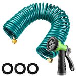 Pangda 100 Ft/ 50 Ft/ 25 Ft x 3/8'' Coil Garden Hose EVA Recoil Garden Self Coiling Water Hose with 6 Function Spray Nozzle Universal 3/4'' Brass Connector Fitting for Outdoor Yard Watering (25 Ft)