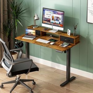 Ufurniture Electric Standing Desk with 2 Drawers, Adjustable Height Sit Stand up Desk with Storage Shelf, 120cm Splice Board Walnut