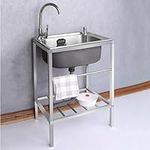 Stainless Steel Utility Sink Single Bowl, Outdoor Garden Freestanding Commercial Samall Restaurant Hand Washing Station Sink Anti-overflow with Faucet Shelf Towel Bar, for Kitchen, Laundry Room,Garage