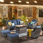 XIZZI Patio Furniture Set with Fire Pit Table,7 Pieces Outdoor Furniture with Swivel Rocking Chairs,All Weather Wicker Outside Conversation Sets for Balcony,Deck,and Backyard,Grey Rattan Denim Blue