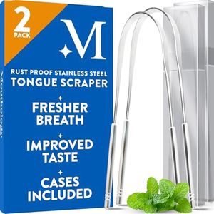 BASIC CONCEPTS Tongue Scraper (2 Pack), Reduce Bad Breath (Travel Cases Included), Stainless Steel Tongue Cleaners, Metal Tongue Scraper, Tongue Scraper for Adults - Fresher Breath in Seconds