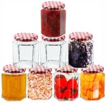 Offer Shop Jam Jars with Red Lid Glass Jam Jars for Kitchen | 190ml Hexagonal Jars with Adhesive Labels Air tight Jars for Spice Jam Jelly- 8 Set