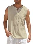 COOFANDY Mens Fashion T Shirt Cotton Tee Shirts Sleeveless Tank Top Lace Up Beach Hippie Bohemian Renaissance Pirate Tunic Khaki