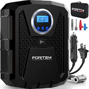 FORTEM Tire Inflator 150 PSI, Bike Pump, 110V AC 12V DC Air Pump for Car Tires, Digital Tire Pressure Gauge w/Auto Pump/Shut Off, Carrying Case (Black)