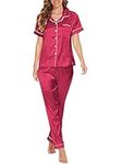 MyFav Women's Satin Pyjama Set Classic Button Down Loungewear Short Sleeve Sleepwear Premium Silk Pjs Set,Wine Red,S