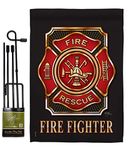 Breeze Decor Fire Fighter Garden Flag - Set with Stand Armed Forces Firefrighter Fireman Department Rescue Red Line Hero Support - House Decoration Banner Yard Gift Double-Sided Made in USA 13 X 18.5