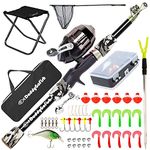 DaddyGoFish Kids Fishing Pole – Telescopic Rod & Reel Combo with Collapsible Chair, Rod Holder, Tackle Box, Bait Net and Carry Bag for Boys and Girls (Black, 4.00)