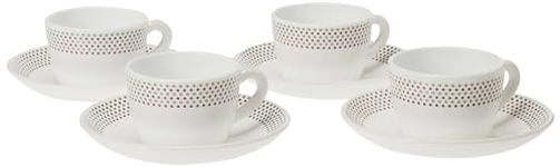 Larah by Borosil Waltz Opalware Cup and Saucer Set of 8 pcs | Tea/Coffee Cups 140 ml | Microwave & Dishwasher Safe | Bone-Ash Free | Crockery Set Ideal for Daily Use & Gifting, White