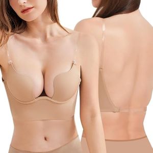 ZUKULIFE Women's Low Back Bras with Clear Straps Deep V Push Up Plunge Bra Low Cut Multiway Convertible Bra Add Cup, Nude, 36C