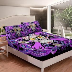 Sugar Skull Bedding Sets Queen,Bohemian Paisley Fitted Sheet Gothic Bone Bed Sheets Exotic Boho Floral Colorful Bedding Decor Set Tribal Nordic Skeleton Halloween Decor,Purple