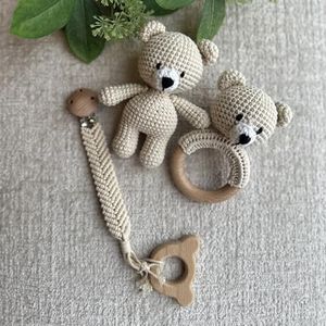 Generic Organic Cotton Handmade Crotchet Bear Rattle, Toy, teether and Pacifier Holder Baby Shower/Birthday Gift Set., Small, Beige