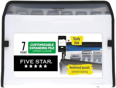 Five Star 7 Pocket Expanding File Organizer + Study App, Plastic Expandable File Folders with Customizable Tabs & Clear Cover, Holds 11" x 8-1/2", Zipper Closure, White (72508)