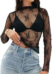 MEROKEETY 2024 Womens Mesh Sheer Long Sleeve Layering Top Sexy Y2k Mock Neck Floral Lace See Through Shirt Blouses, Black, Large