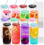 Joyclub 20 oz Glass Cups with Acrylic Lids and Straws 16pcs Can Shaped Glass Iced Coffee Cups with Lids, Drinking Jar Glasses Cute Tumbler Cup Great for Smoothie Soda Boba Tea Cocktail Beer Gift