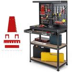 TANGZON Workbench with Pegboard, Multi-Use Workbench with 4 Shelves, Topping Space,2 Drawer, Robust Metal Frame, Heavy-Duty Work Table Tool Storage Bench for Workshop warehouse Basement (Black + Red)