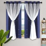 Kinryb Blackout Small Curtains for Girl Living Room/Classroom, Sheer Overlay 2 Free Tiebacks, Double Layer Curtains with Star Cutout for Kids Room(W 52 x L 45 Inches,Navy Blue 2 PCs)