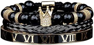 AIDUOMIRZER Luxury Roman Royal Crown Charm Men's bracelet Stainless Steel Geometry Pulseiras Men Open Adjustable Bracelets Couple Jewelry Gift (Black Agate Set)