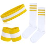 ONUPGO 5 Pieces Sweatbands Striped Socks Set Sports Headband Wristbands High Tube Socks 80s Accessories Costumes, Striped Yellow/White/Yellow