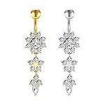 Dangle Belly Ring, Zhichengbosi Zircon Gold Plated Navel Belly Flower button ring Body Piercing Jewellery 2PCS Sets