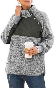 VIISHOW Women's Warm Long Sleeves Oblique Button Neck Splice Geometric Pattern Fleece Pullover Coat Sweatshirts Outwear with Pocket Light Gray Large