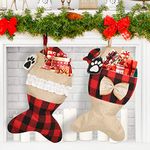 Mocoosy 2 Pack Pet Cat Christmas Stockings Personalized, 19 Inch Burlap Red Black Buffalo Plaid Xmas Stockings for Cats, Fireplace Hanging Stockings Christmas Decorations for Home Holiday Decor