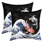 Japanese Style Throw Pillow Covers for Couch Sofa Bed, Set of 2 Oriental Exotic Ocean Wave Decorative Pillows Cushion Covers, Koi Fish Red-Crowned Cranes Pillow Inserts Not Included, 18x18 inch