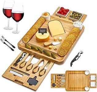 Mofish Cheese Board and Knife Set, Bamboo Charcuterie Board Set, 13’’x13’’ Cheese Serving Tray with 4 Knives, Drawer and Wine Opener for Housewarming Wedding Birthday Valentine's Day Gift