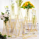 Dandat 12 Pcs Gold Geometric Vase for Centerpieces Glass Vase with Metal Stand Hydroponic Plant Flower Vase Modern Vase for Wedding Home Office Centerpiece Decor (8.7 Inch)