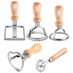 5Pcs Ravioli Stamp Set, Ravioli Cutters with Wooden Handle and Fluted Edge Pastry Cutter Dumpling Maker for Making Ravioli, Empanadillas or Cookies