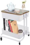 2 Tier Metal Utility Rolling Cart Storage Organizer with Cover Board, Mobile Trolley Sofa Side Table with Wheels for Office Home Kitchen Organization, White