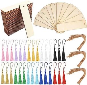 YMJD Kit de 90 pcs Marque-pages en Bois, 30 Marque-pages Vierges en Bois, 30 Pompons Multicolores et 30 Ficelle de Chanvre, 12 x 3,2 cm Marque-page bois Rectangulaire avec Pompons