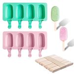 2 Ice Cream Molds, 50 Wooden Sticks, Silicone Ice Cream Mold Set, Oval Popsicle Molds, 4 Cavities, for DIY Ice Cream Making. (Green，Pink)