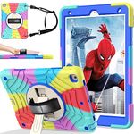 BMOUO Case for iPad 9th/8th/7th Generation 10.2", Shockproof Rotating Stand Shoulder Hand Strap for iPad 9th/8th/7th Gen Case with Pencil Holder for iPad 10.2 inch 2021/2020/2019, Rainbow