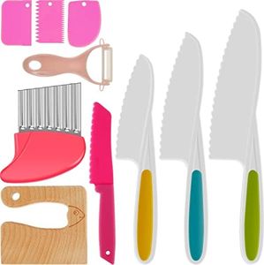 10 Pieces Kids Cooking Cutter Set Safe Reusable Plastic Toddler Kitchen Cutter Set Safe Kitchen Cutter Set with Wooden Cutter Serrated Cutter Potato Cutter Peeler for Cutting Fruit Vegetable Dessert (Pink)