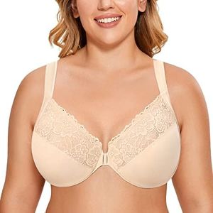 DELIMIRA Women's Front Closure Bras Plus Size Lace Full Coverage Underwire Bra Beige 44C