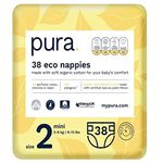 Pura Eco Baby Nappies Size 2 (Mini 3-6kg / 6-13 lbs) 1 pack of 38 Diapers, New Baby, EU Ecolabel Certified, Made with Organic Cotton, Wetness Indicator, Night Time