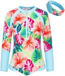 GRACE KARIN Girls One Piece Swimsuit Long Sleeve Rashguard Bathing Suits Ruffle Swimwear Zip Blue Flower 8-10Y