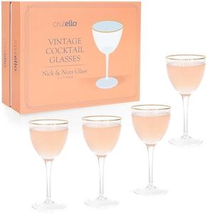 Crutello Nick and Nora Cocktail Glasses - 5 oz Vintage Art Deco Ribbed Glassware for Drinking Classic Gin, Whiskey, Vodka - Fluted Nick and Nora Glasses with Gold Rim - Set of 4