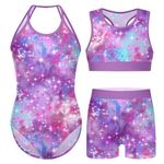 Kinberr Girls Gymnastics Outfit One Piece Halter Dance Leotards Galaxy Purple Hollow Black Unitard Biketards for Sports