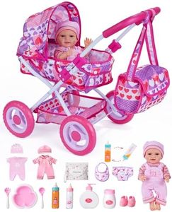 BABESIDE Baby Doll Stroller Set with 12 Inch Baby Doll, 14 Pcs Baby Doll Accessories, Folding Doll Pram Pretend Play Set, Feeding, Bath & Care Toys, Gift for Girls Ages 3yrs+