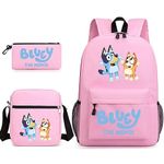 Bluey Preschool Kids Backpack Set for Boys & Girls,Kids 16" School Bag with Lunch Box Pen case Back to School Gifts for Teens,Middle and Elementary School Toddler (Pink~4,Three piece set)