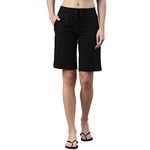 Enamor E044 Mid-Rise Stretch Cotton City Shorts for Women with Zipper Pockets(E044_JET BLACK_M)