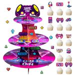 3 Tier Video Game Cupcake Stand and Toppers for 24 Cupcakes Gaming Theme Cardboard Cake Dessert Holder Tower for Gamer Night Party Decoration Boy Birthday Game On Decorations Themed Party Supplies