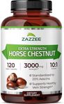 Zazzee Extra Strength Horse Chestnut 10:1 Extract, 3000 mg Strength, 20% Aescins, 4 Month Supply, 120 Vegan Capsules, Concentrated and Standardized 10X Extract, All-Natural, Non-GMO, Made in The USA