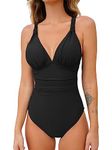 CUPSHE Women One Piece Swimsuit Deep V Neck Tummy Control Ruched V Back Classic Bathing Suits Black M