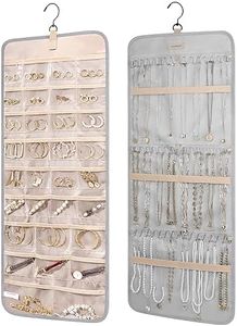 BAGSMART Hanging Jewelry Organizer Storage Roll with Hanger Metal Hooks Double-Sided Jewelry Holder for Earrings, Necklaces, Rings on Closet, Wall, Door, 1 piece, Large, Grey