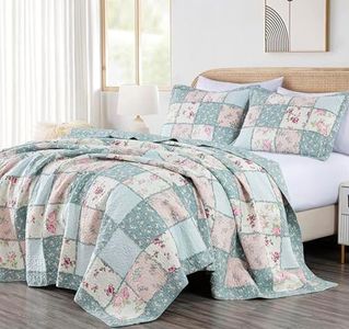 Chezmoi Collection 3-Piece Garden Floral Vintage Washed 100%-Cotton Reversible Patchwork Quilt Set (Queen)